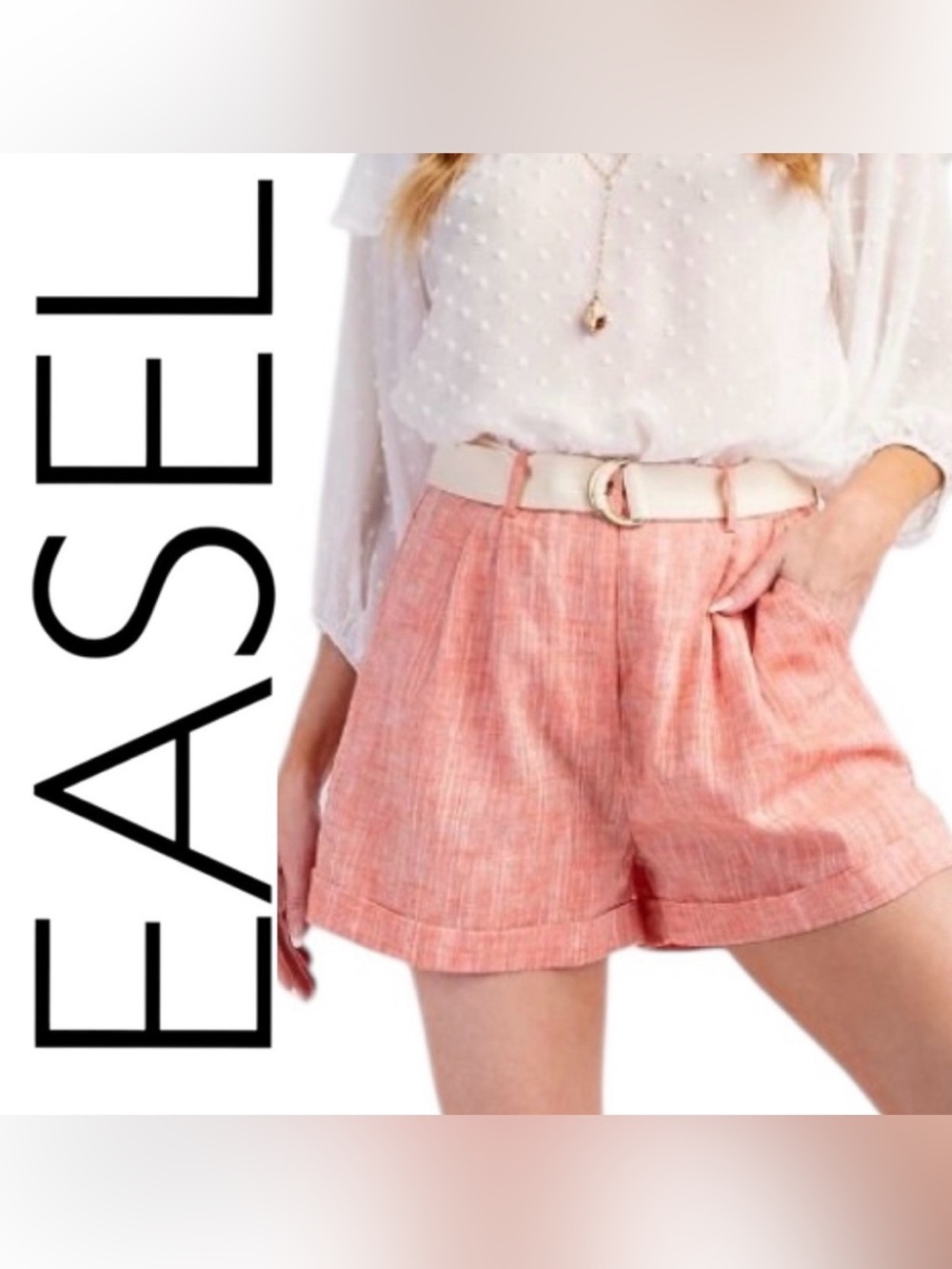 #1305 Easel Linen/cotton coral shorts with belt